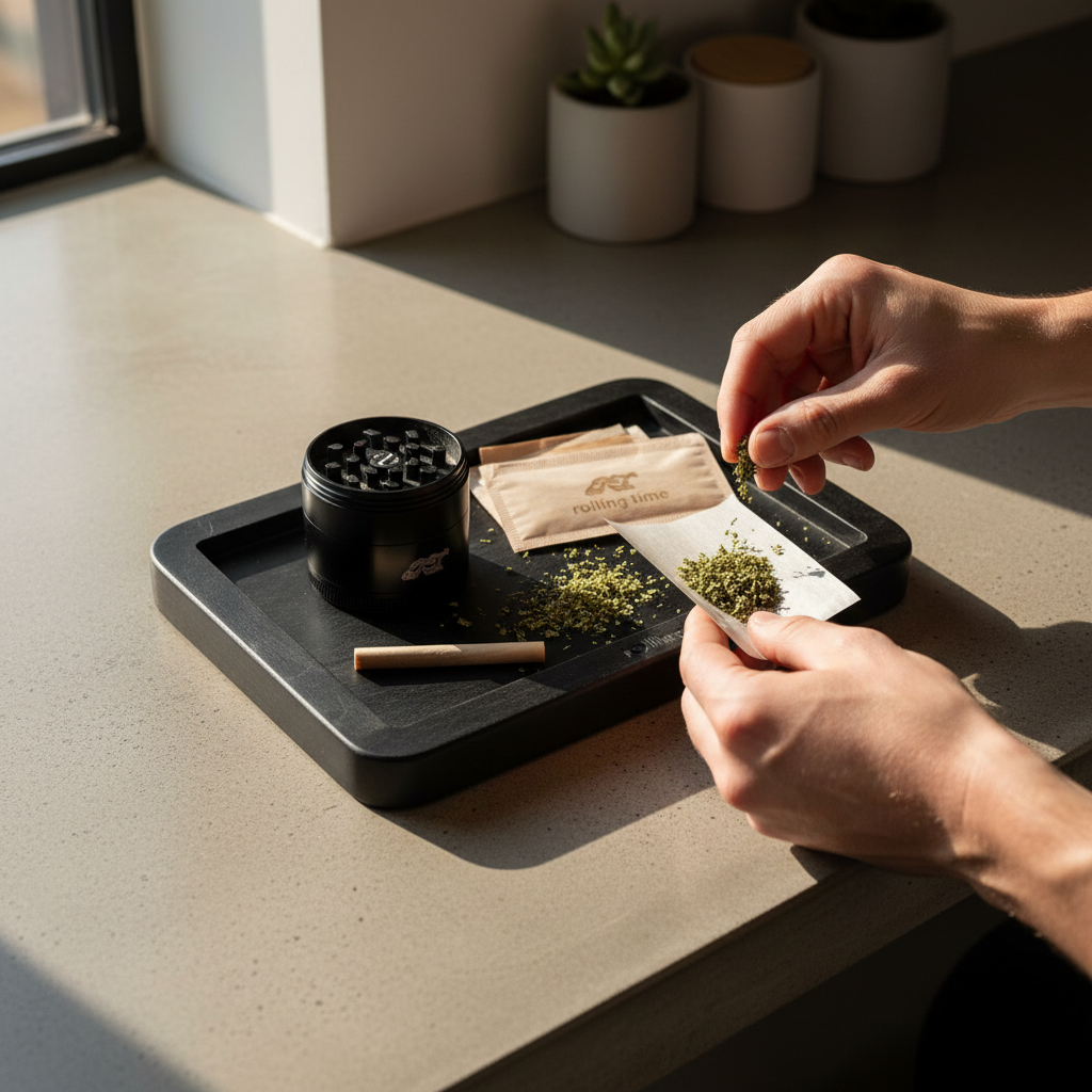 Black tray in use with hands rolling