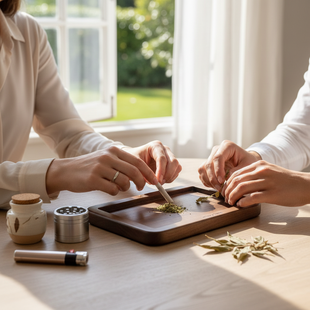Dark brown tray marketing hands interaction