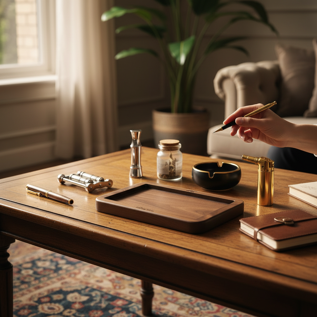 Dark brown tray marketing table setting